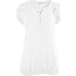 Shirt bawełniany z dekoltem henley, krótki rękaw bonprix biały. Białe koszulki damskie bonprix, bez wzorów, z bawełny, bez kołnierzyka. Za 54,99 zł.