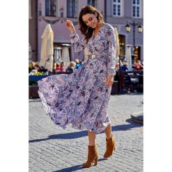 Modna sukienka midi pantofelki. Szare sukienki damskie z falbanami marki Lemoniade, na zimę, w paski, z materiału, długie, midi. Za 259,00 zł.