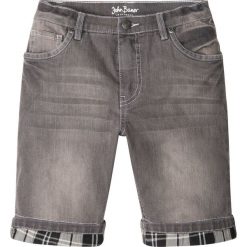 Bermudy dżinsowe z wywiniętymi nogawkami w kratę bonprix szary denim. Szare jeansy dziewczęce marki bonprix, bez wzorów, z denimu. Za 69,99 zł.