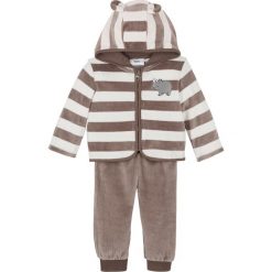 Bluza rozpinana i spodnie niemowlęce z dzianiny welurowej nicki (2 części) bonprix ecru-brunatny. Białe bluzy niemowlęce bonprix, z aplikacjami, z dzianiny, bez rękawów, bez kaptura. Za 99,99 zł.