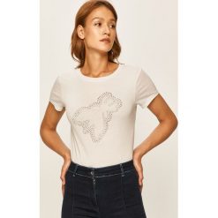 Patrizia Pepe - T-shirt. Białe topy damskie Patrizia Pepe, s, z aplikacjami, z bawełny, z okrągłym kołnierzem. W wyprzedaży za 219,90 zł.