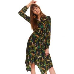 Szmizjerka midi w stylu safari z tropikalnym nadrukiem. Czarne sukienki damskie Top Secret, w paski, z materiału, bez kołnierzyka, z długim rękawem, długie, midi, szmizjerki. W wyprzedaży za 99,99 zł.