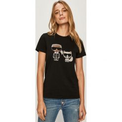Karl Lagerfeld - T-shirt. Białe bluzki damskie KARL LAGERFELD, s, z aplikacjami, z bawełny, casualowe, z okrągłym kołnierzem, z krótkim rękawem. Za 479,90 zł.