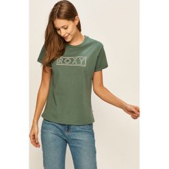 Roxy - T-shirt. Zielone bluzki damskie Roxy, s, z nadrukiem, z bawełny, z okrągłym kołnierzem. Za 79,90 zł.