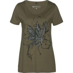Shirt, krótki rękaw bonprix ciemnooliwkowo-czarny. Zielone koszulki damskie bonprix, z nadrukiem, z dekoltem w serek, z krótkim rękawem. Za 34,99 zł.