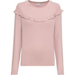 Shirt z długim rękawem i falbaną bonprix różowobrązowy. Różowe koszulki damskie marki bonprix, bez wzorów, z dżerseju, z okrągłym kołnierzem. Za 54,99 zł.