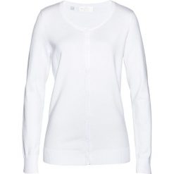 Sweter rozpinany bonprix biały. Białe swetry damskie bonprix, bez wzorów, klasyczne, bez rękawów, bez kaptura. Za 84,99 zł.