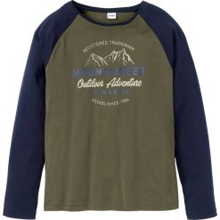 Shirt z długim rękawem z grubszego dżerseju bonprix ciemnooliwkowo-ciemnoniebieski z nadrukiem. Zielone koszulki męskie bonprix, s, z nadrukiem, z dżerseju, z okrągłym kołnierzem, z długim rękawem, długie. Za 54,99 zł.