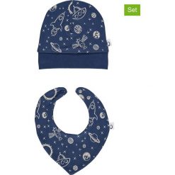 2-częściowy zestaw w kolorze granatowym: czapka i chusta. Niebieskie czapeczki niemowlęce lamino, z nadrukiem, z bawełny. W wyprzedaży za 30,95 zł.