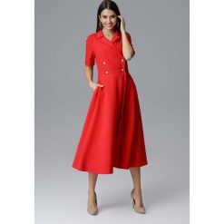 Czerwona Rozkloszowana Wizytowa Sukienka Żakietowa. Czerwone sukienki damskie Molly.pl, do pracy, s, bez wzorów, eleganckie, z klasycznym kołnierzykiem, z długim rękawem, długie, rozkloszowane. Za 278,90 zł.