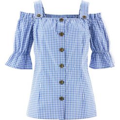 Bluzka w stylu ludowym, krótki rękaw bonprix błękitno-biały w kratę. Niebieskie bralety bonprix, z krótkim rękawem. Za 109,99 zł.