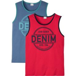 Tank top z nadrukiem (2 szt.) bonprix niebieski dżins + czerwony. Niebieskie koszulki męskie bonprix, s, z nadrukiem, bez kołnierzyka, bez rękawów. Za 59,98 zł.