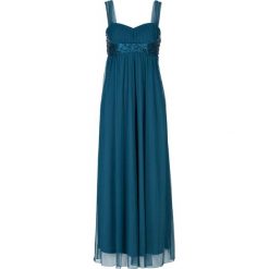 Długa sukienka bonprix niebieskozielony. Niebieskie sukienki damskie bonprix, z aplikacjami, z satyny, eleganckie, bez kołnierzyka, z długim rękawem, długie, maxi. Za 199,99 zł.