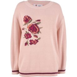 Sweter w kwiaty bonprix perłowy jasnoróżowy wzorzysty. Różowe swetry damskie bonprix, w kwiaty, bez rękawów, bez kaptura. Za 34,99 zł.