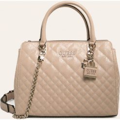 Guess Jeans - Torebka. Torby damskie na zakupy Guess Jeans, w paski, z bawełny, na ramię, z aplikacjami. W wyprzedaży za 549,90 zł.