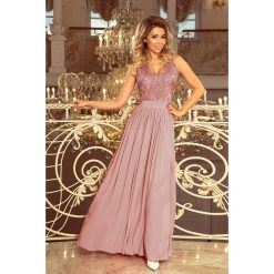 Jasmine. Wieczorowa sukienka maxi z koronkową górą i rozcięciem na nogę - TAUPE. Sukienki damskie numoco. Za 349,98 zł.