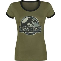 Jurassic Park Camo Logo Koszulka damska oliwkowy/czarny. Czarne bluzki damskie marki Jurassic Park, xxl, z nadrukiem, z okrągłym kołnierzem. Za 69,90 zł.