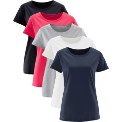 Długi shirt z okrągłym dekoltem (5 szt.), krótki rękaw bonprix różowy hibiskus + jasnoszary melanż + biały + czarny + ciemnoniebieski. Różowe koszulki damskie bonprix, bez wzorów, z okrągłym kołnierzem. Za 89,95 zł.