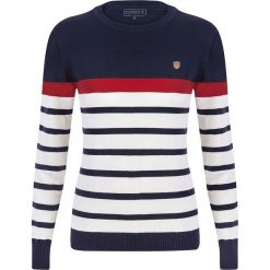 Sweter "Putting" w kolorze czerwono-granatowo-białym. Niebieskie swetry damskie Sir Raymond Taylor, xl, w paski, z bawełny, bez rękawów, bez kaptura. W wyprzedaży za 129,95 zł.