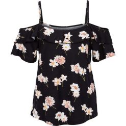 Top z falbaną bonprix czarny w kwiaty. Czarne topy damskie bonprix, w kwiaty, bez kołnierzyka. Za 54,99 zł.