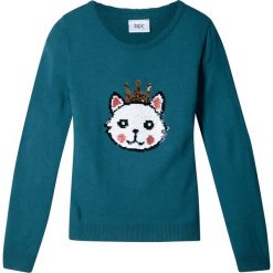 Sweter dzianinowy z odwracanymi cekinami bonprix niebieskozielony. Niebieskie swetry dziewczęce bonprix, z aplikacjami, z dzianiny, bez kołnierzyka, bez rękawów, bez kaptura. Za 59,99 zł.