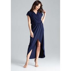 Sukienka kopertowa maxi granatowa - s. Sukienki damskie e-margeritka.pl, s, bez wzorów, z elastanu, eleganckie, z długim rękawem, długie, bez kaptura. Za 199,99 zł.