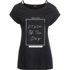 Shirt z nadrukiem bonprix czarny z nadrukiem. Czarne koszulki damskie marki bonprix, z nadrukiem, bez kołnierzyka. Za 54,99 zł.