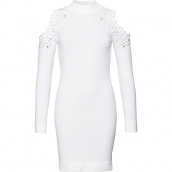 Sukienka dzianinowa z wycięciami bonprix biały. Białe sukienki damskie bonprix, bez wzorów, z dzianiny, eleganckie, bez kołnierzyka, bez rękawów. Za 54,99 zł.