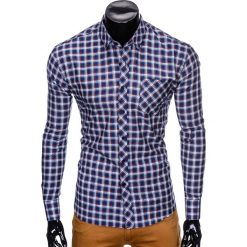 KOSZULA MĘSKA W KRATĘ Z DŁUGIM RĘKAWEM K420 - GRANATOWA/CZERWONA. Czerwone koszule męskie Ombre Clothing, s, bez wzorów, z bawełny, bez kołnierzyka, z długim rękawem. Za 49,00 zł.