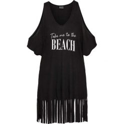 Shirt plażowy z frędzlami bonprix czarny. Czarne koszulki damskie bonprix, na plażę, bez wzorów, z dżerseju, bez kołnierzyka, bez rękawów. Za 49,99 zł.