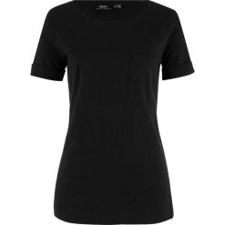T-shirt bawełniany z przędzy mieszankowej, z kieszonką bonprix czarny. Czarne koszulki damskie bonprix, bez wzorów, z bawełny, bez kołnierzyka, bez rękawów. Za 34,99 zł.