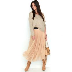 Beżowa Plisowana Długa Spódnica Tiulowa. Brązowe spódniczki damskie Molly.pl, s, bez wzorów, z gumy, eleganckie, długie, maxi, dopasowane. Za 184,90 zł.