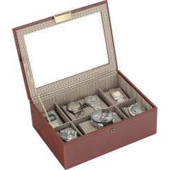 Pudełko na zegarki ze szklaną pokrywką Stackers karmelowe z kratką. Szare zegarki męskie marki Stackers. Za 294,00 zł.