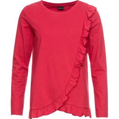 Shirt z falbankami bonprix czerwony. Czerwone koszulki damskie bonprix, bez wzorów, z okrągłym kołnierzem, z długim rękawem. Za 37,99 zł.