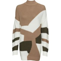 Sweter dzianinowy z efektem patchworkowego wzoru bonprix wielbłądzia wełna - biel wełny - ciemnooliwkowy wzorzysty. Brązowe swetry klasyczne damskie bonprix, z dzianiny. Za 109,99 zł.