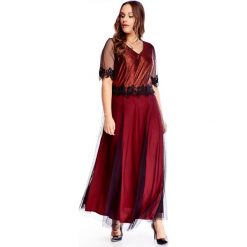 Wieczorowa sukienka maxi wykończona tiulem i koronką bordowy. Czerwone sukienki damskie N/A, plus size, w koronkowe wzory, z elastanu, wizytowe, bez kołnierzyka, plus size, bez rękawów, maxi. Za 284,48 zł.