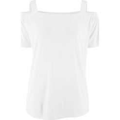 Shirt "carmen" na szerokich ramiączkach bonprix biały. Białe koszulki damskie marki bonprix, bez wzorów, bez kołnierzyka, bez rękawów. Za 29,99 zł.