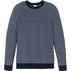 Sweter z dzianiny w strukturalny wzór bonprix ciemnoniebiesko-biały. Niebieskie swetry męskie bonprix, s, bez wzorów, z dzianiny, z okrągłym kołnierzem, bez kaptura. Za 99,99 zł.