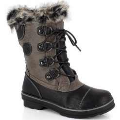 Kozaki zimowe "Megeve" w kolorze szaro-czarnym. Czarne kozaki damskie Kimberfeel, na zimę, z materiału, bez obcasa, na sznurówki. W wyprzedaży za 349,95 zł.