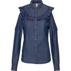 Bluzka dżinsowa z falbanami bonprix ciemny denim. Niebieskie koszulki damskie marki bonprix, bez wzorów, z denimu, klasyczne, z klasycznym kołnierzykiem. Za 37,99 zł.