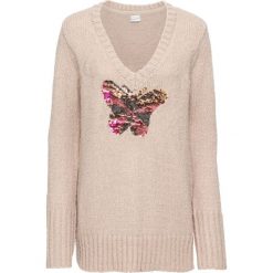 Sweter z cekinami bonprix beżowy melanż. Brązowe swetry klasyczne damskie marki bonprix, z aplikacjami, z dekoltem w serek. Za 54,99 zł.
