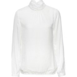 Bluzka satynowa ze stójką bonprix biel wełny. Białe bluzki asymetryczne bonprix, z satyny, eleganckie, ze stójką. Za 69,99 zł.