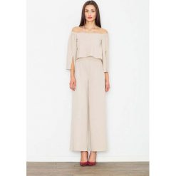 Beżowy Elegancki Kombinezon 2w1 z Odkrytymi Ramionami. Brązowe kombinezony eleganckie Molly.pl, l, z tkaniny, z klasycznym kołnierzykiem, długie. Za 219,90 zł.