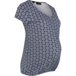 Shirt ciążowy wzorzysty, krótki rękaw bonprix ciemnoniebiesko-biały w graficzny deseń. Niebieskie koszulki damskie marki bonprix, z aplikacjami, z elastanu, z dekoltem w serek, z krótkim rękawem. Za 59,99 zł.