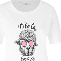 T-shirt bawełniany z nadrukiem lamy bonprix biały z nadrukiem. Białe t-shirty damskie bonprix, z nadrukiem, z bawełny, bez kołnierzyka. Za 34,99 zł.