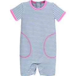 Rampers w kolorze błękitnym. Niebieskie body niemowlęce lamino, w paski, z bawełny, bez rękawów. W wyprzedaży za 35,95 zł.