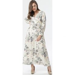 Kremowa Sukienka Whitley. Brązowe sukienki damskie Born2be, na randkę, s, w kwiaty, bez kołnierzyka, bez rękawów, długie, maxi, kopertowe. Za 79,99 zł.
