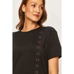 Under Armour - T-shirt. Czarne topy damskie Under Armour, s, z nadrukiem, z elastanu, z okrągłym kołnierzem. Za 149,90 zł.