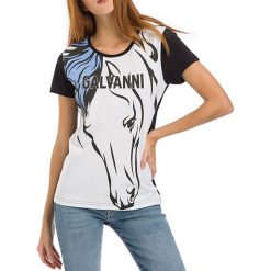 T-shirt w kolorze czarno-białym. Czarne t-shirty damskie GALVANNI, xxl, z nadrukiem, z bawełny, z okrągłym kołnierzem. W wyprzedaży za 79,95 zł.