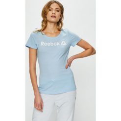 Reebok - Top. Niebieskie topy damskie Reebok, s, z nadrukiem, z bawełny, z okrągłym kołnierzem. W wyprzedaży za 59,90 zł.